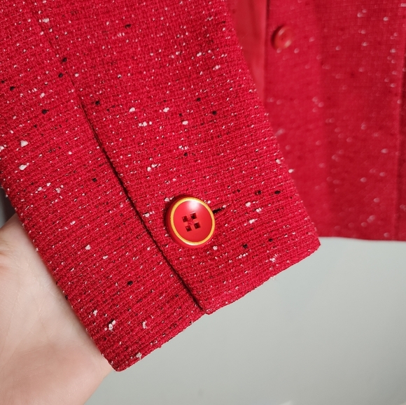 Mary Kay Red Tweed Button Jacket Long Blazer Mock Neck Size Medium Tall - Picture 14 of 16